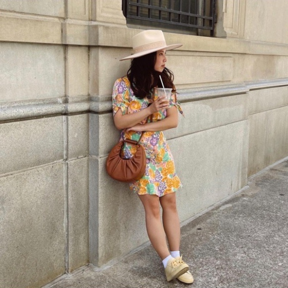 Faithful The Brand Daphne Dress Ade Floral Orange Purple Short Sleeve Flutter - Picture 3 of 11